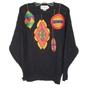 Vintage 90s Ugly Christmas Sweater L Black Red Embroidered Beaded Ornaments